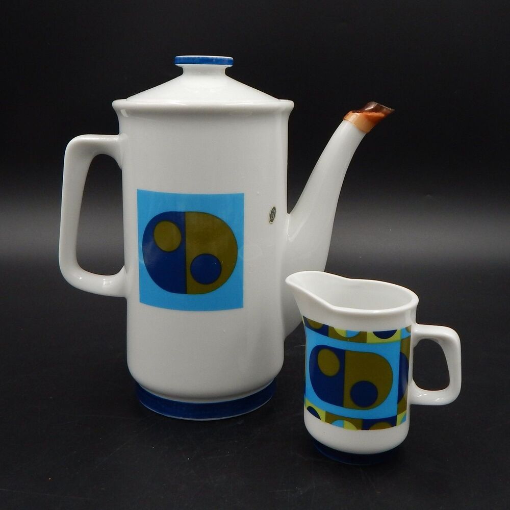 Mid Century Deco Geometric Coffee Pot Creamer Blue Green Blue Porcelain Japan